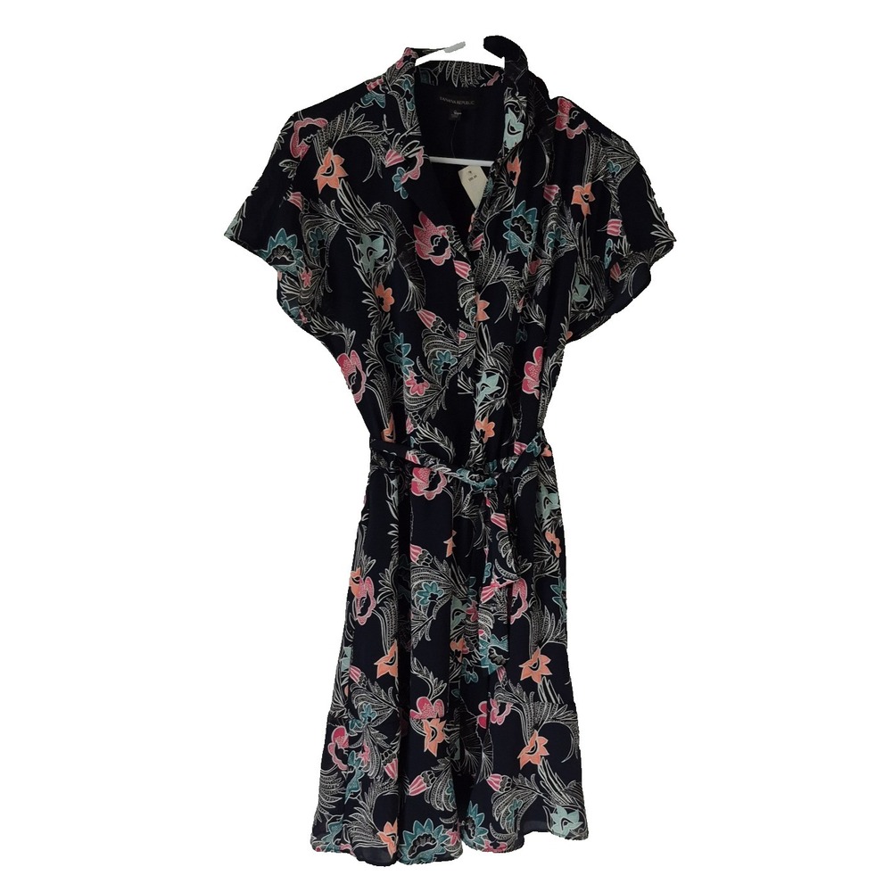 Banana Republic Dress 0 Black Short Sleeve Kimono Flower Print Lined NEW